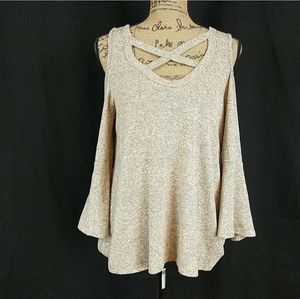 Bell sleeve, shoulder cut, criss cross neck line.